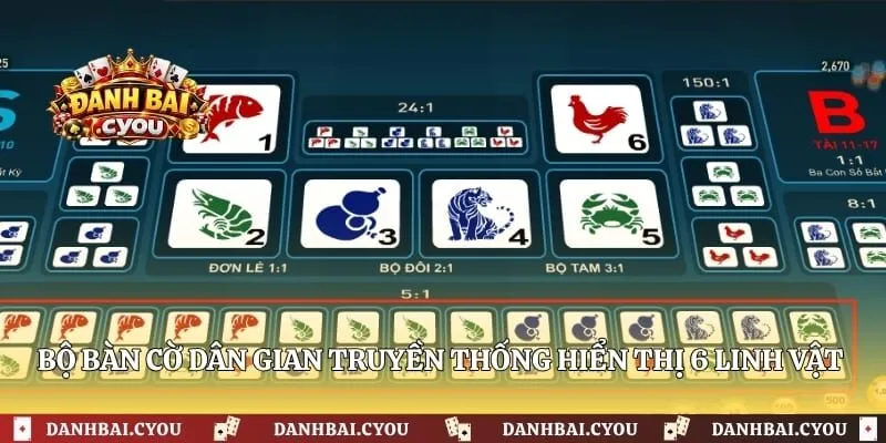 Bộ bàn cờ dân gian truyền thống hiển thị 6 linh vật quen thuộc